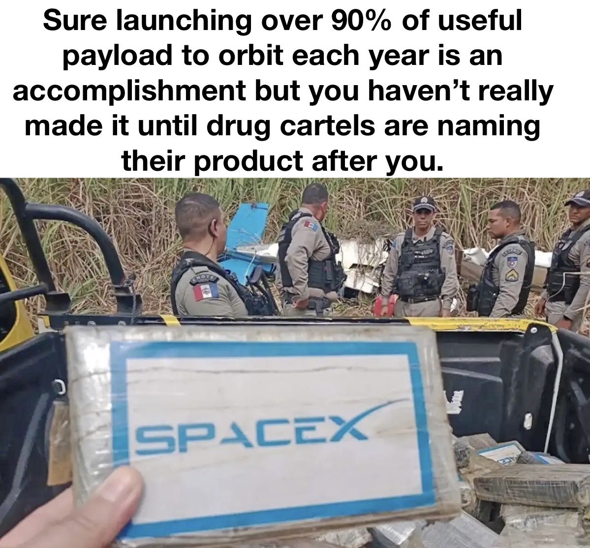 hackz's tweet image. Drug cartels branding their cocaine as “SpaceX”
