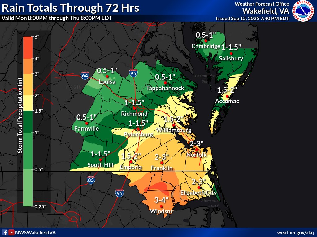 8PM MONDAY UPDATE ON THE COASTAL LOW: 
1-3” of rain is expected (highest southeast) from Monday-Tuesday night. Localized totals of 3-4” are possible across SE VA/NE NC. A Flood Watch has been issued and is in effect into late Tuesday for SE VA/NE NC. Showers linger through Wed
