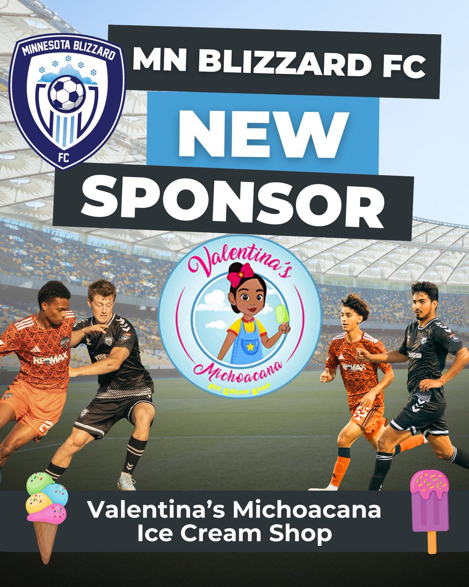 🍦 New Sponsor Alert! 🍦

Welcome Valentina’s Michoacana Ice Cream Shop to Blizzard Nation! Serving up authentic Mexican-inspired desserts, they’re the perfect way to cool the Blizzard down.

❄️ Stop by their Bloomington shop off Lyndale!
#MNBlizzardFC #ValentinasMichoacana