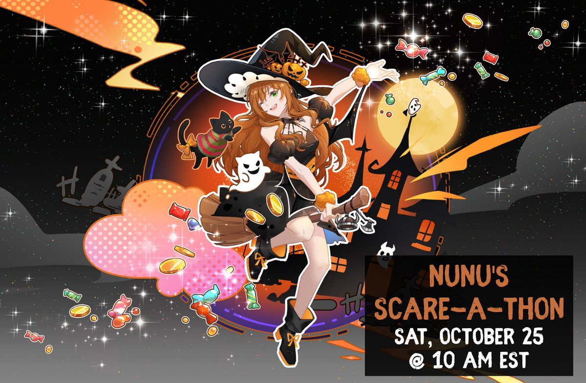 Nunu's 🎃Scare-A-Thon🎃 and Birthday stream! 

👻Spoopy games
🎃Pet Costume Reveals
👻Halloween Karaoke
🎃Merch giveaways
👻Tier lists and more

Min: 4 hrs
Max: 64 hrs

Art by @/rui_uncia. 

See full sub goals in comments.