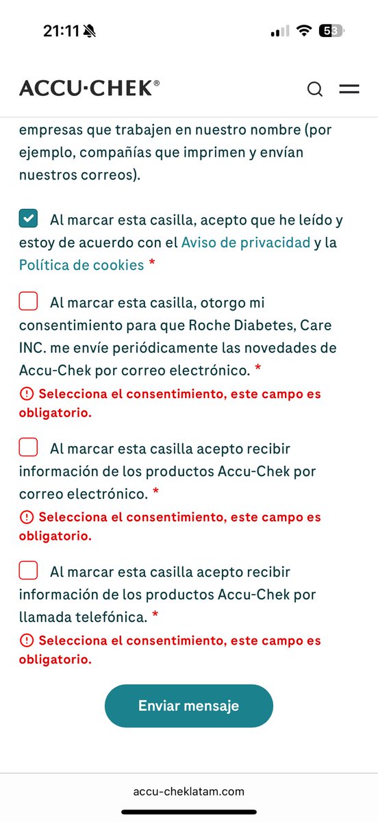 Hola <a href="/dzapatillas/">Derecho enZapatillas</a> está bien que <a href="/Roche/">Roche</a> te obligue a recibir información por correo electrónico o por teléfono para poder enviarles un formulario de contacto? No debería ser opcional?
