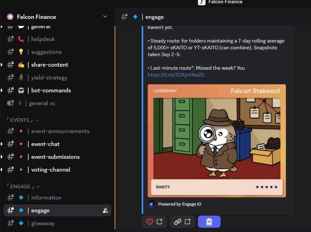 gagemakyle's tweet photo. Earning Falcon Discord Points.

1. Join the Falcon Discord. https://t.co/TlgEb02XDi
2. Click "Engage" in the bottom left corner of Discord. 
3. Select a Twitter mission. Most of the time, you can just like it. 
4. Click the icon to the right of the like mission to earn points. https://t.co/Tz2VIGMbuG