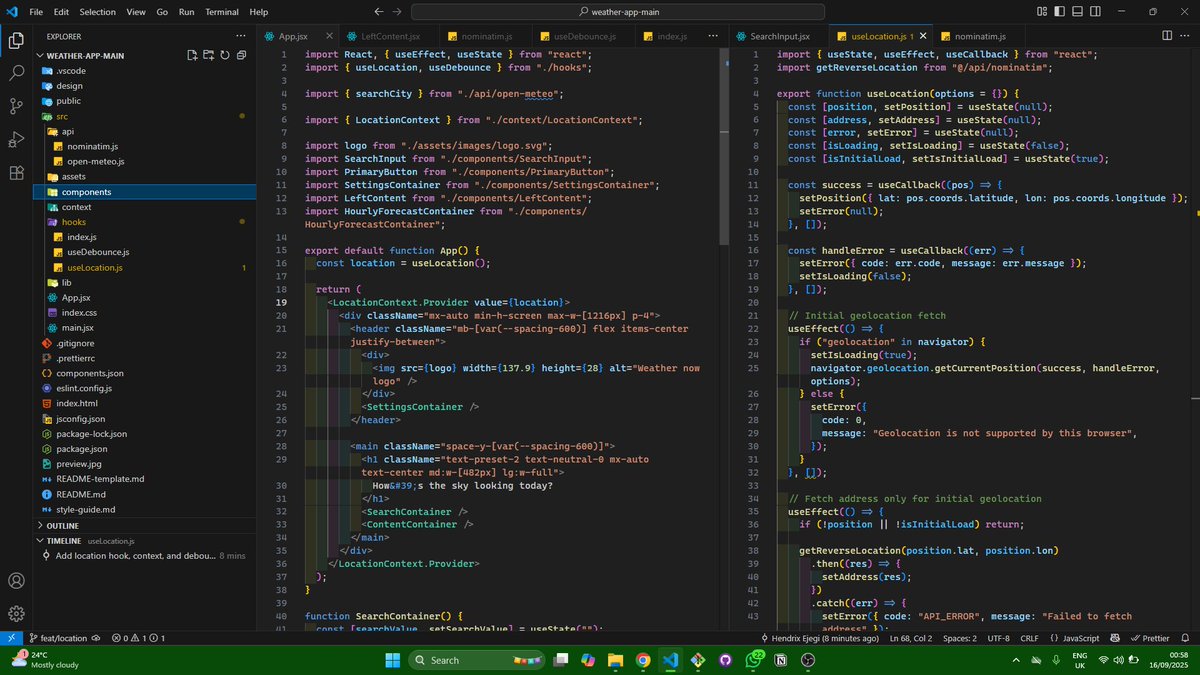 realvoraxion's tweet image. #FM30Hackathon update
UI ✅
Now added:
•  useLocation - auto-detects user&apos;s location + lets me set it manually
•  LocationContext - lets me access location data anywhere within the app and avoid prop drilling
•  Debounced search - smoother city lookups without spammy requests