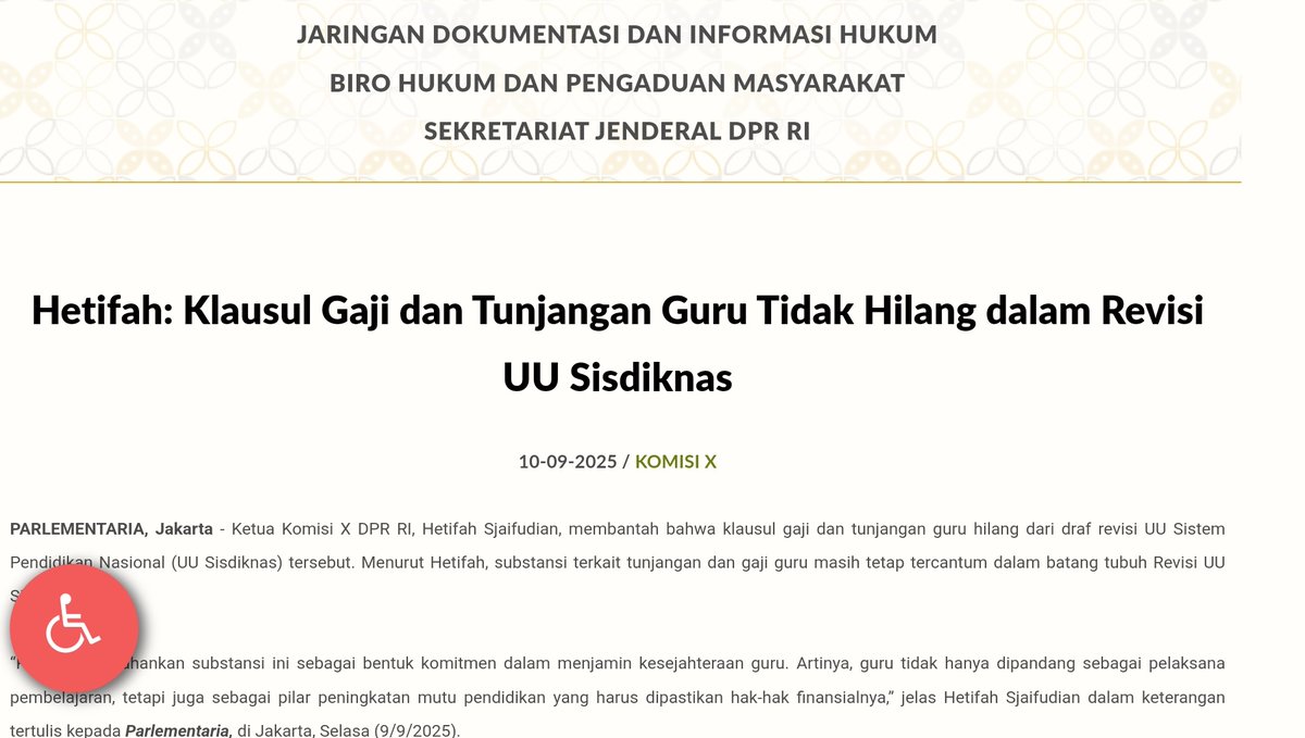 Kami ingin jumlah tunjangan profesi guru sebesar (minimal) satu kali gaji pokok TIDAK DIHAPUSKAN dalam Revisi UU Sisdiknas, masuk dalam pasal batang tubuh, bukan sekedar ada tunjangan,bu Hetifah.<a href="/KOMISIXDPRRI/">Komisi-X DPR RI</a> <a href="/Kemdikdasmen/">Kemendikdasmen RI</a> <a href="/PBPGRI_OFFICIAL/">PENGURUS BESAR PGRI</a> <a href="/ditjen_gtkpg/">Ditjen GTKPG Kemendikdasmen</a> <a href="/prabowo/">Prabowo Subianto</a>