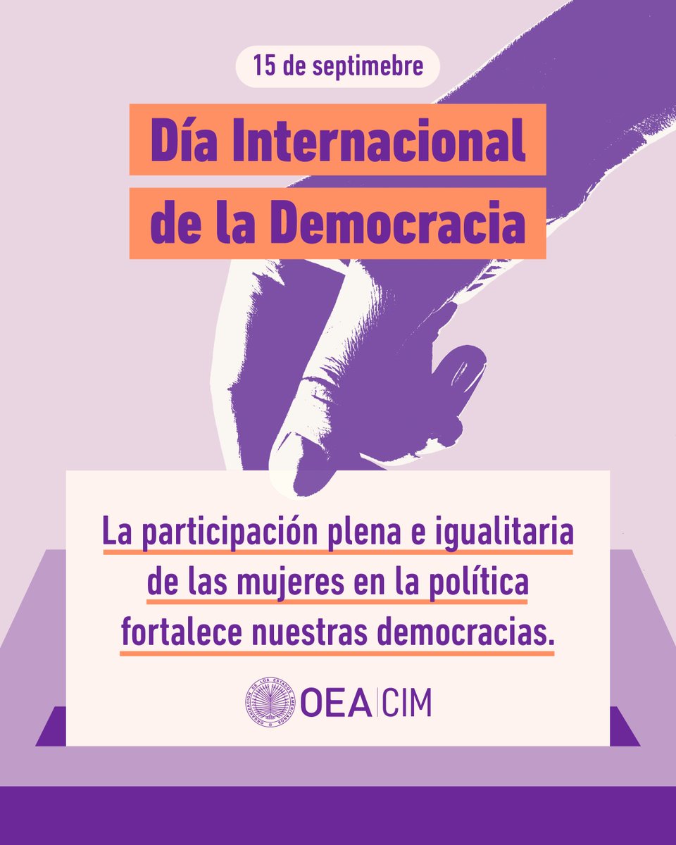 📅 Día Internacional de la Democracia

Desde hace 97 años, en la CIM trabajamos con firmeza y a través de alianzas estratégicas para defender la democracia y promover los derechos políticos de las mujeres.