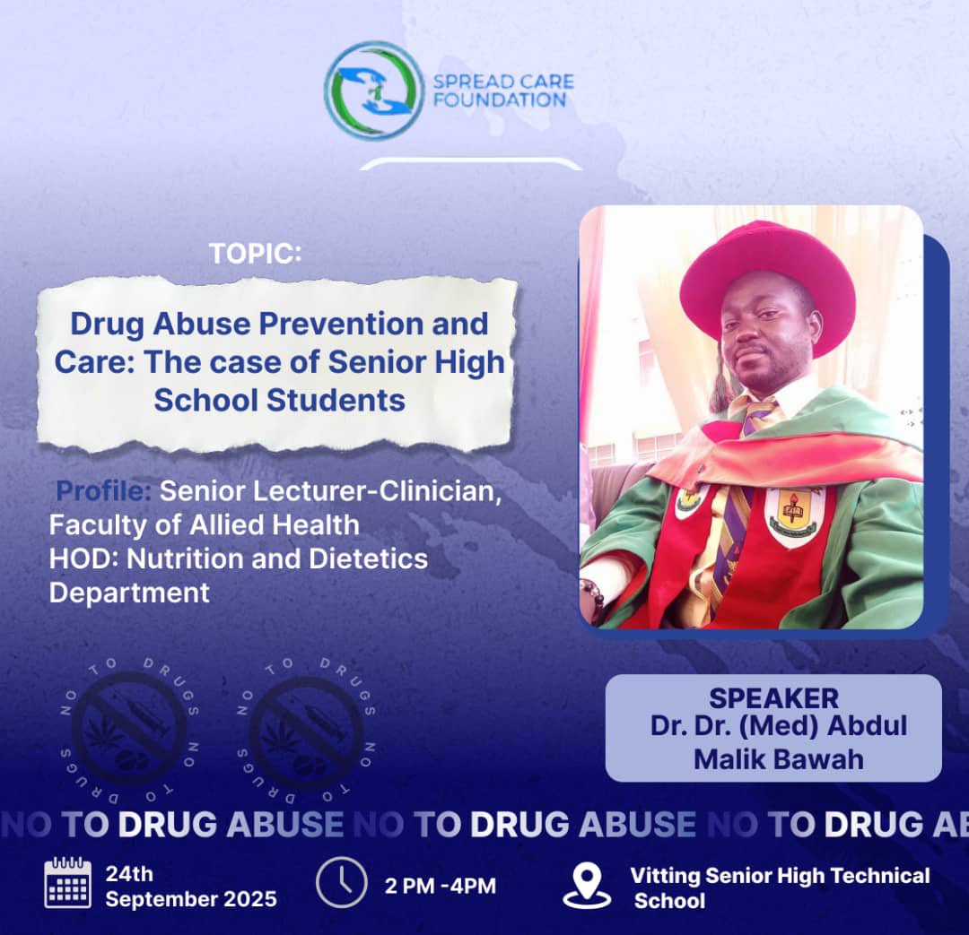 Mark your calendars 📆 📌 

We are coming your way with an Educative Program on the dangers of abusing Drugs. 

Date: 24th September, 2025
Time: 2:00 pm - 4:00 pm ⏰ 
Venue: Vitting Senior High Technical, Tamale

#SpreadCare #SCF #StopDrugAbuse #StopDrugTrafficking