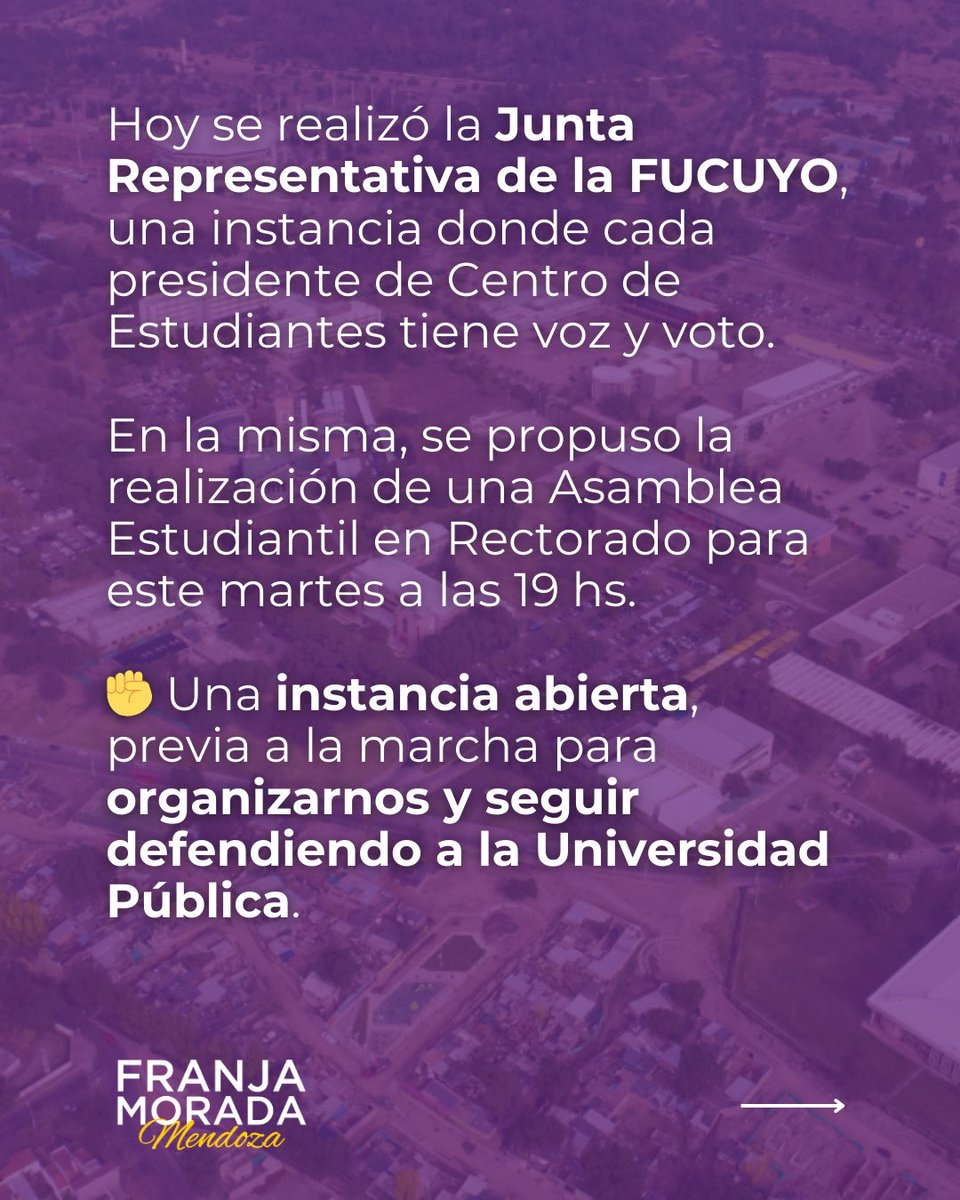 📢 La defensa de la Universidad Pública nos necesita unidos

Hoy en la Junta Representativa de la FUCUYO propusimos convocar a una Asamblea Estudiantil.

❌ Sin embargo, el peronismo eligió priorizar sus intereses políticos antes que la organización colectiva.
