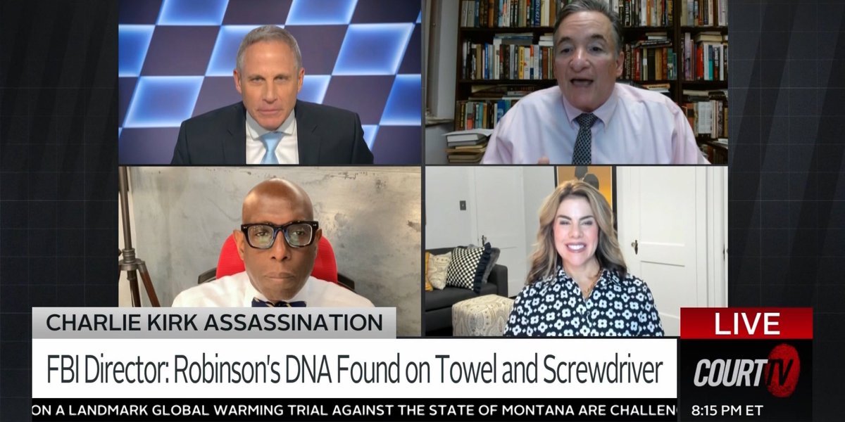Great conversation on the evidence in the Charlie Kirk murder.  All participants are keeping the politics out of the discussion.  Darnell Crosland, Jennifer Brandt and Al Wunsch III.  <a href="/JenABrandt/">Jennifer A. Brandt</a> <a href="/legalweapon3/">legalweapon3</a> <a href="/CourtTV/">Court TV</a> <a href="/VinniePolitan/">Vinnie Politan</a>