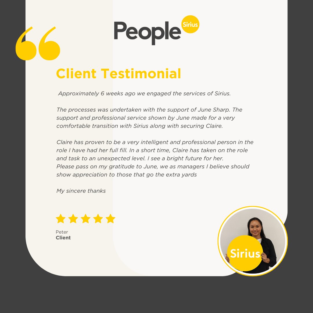 sirius_aus's tweet photo. ⭐testimonialtuesday

It's the perfect match 🤩

Strong alignment = strong results 

Need help finding Business Support talent in Melbourne? June Sharp is your go-to.

#testimonial #clientexcellence #Sirius. #recruitment #Melbourne https://t.co/Bw1rEdDmF8