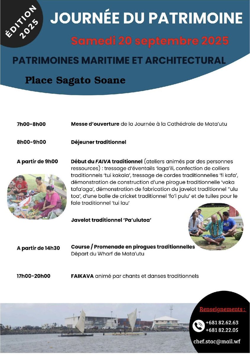 📣 ÉDITION 2025 – JOURNÉE DU PATRIMOINE
👉Patrimoines maritime et architectural
📅 Samedi 20 septembre 2025
📍Place Sagato Soane 

➡️Venez célébrer ensemble la richesse de notre patrimoine, entre transmission, convivialité et fierté culturelle !🌺
Retrouvez le programme ⤵️