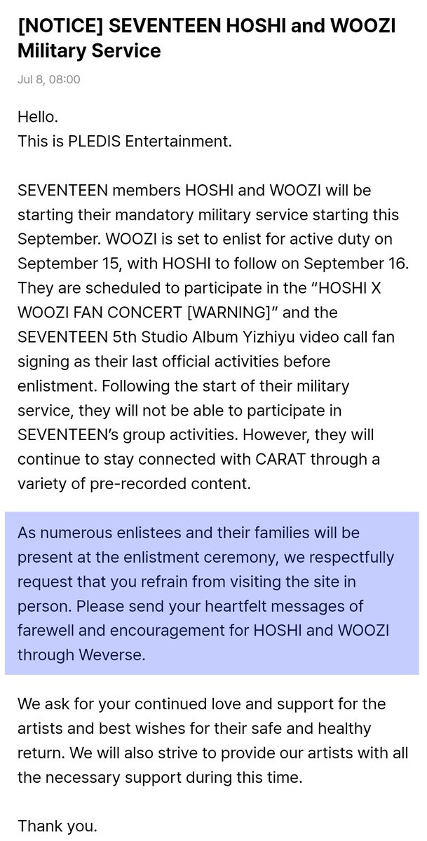 [#REMINDER] DDAY CARATS!!

Dimohon untuk TIDAK share/ membagikan ulang, menyebarkan video/photo/tweet tentang keberangkatan #Hoshi untuk tugas militernya pada 16 September. Dikarenakan tidak ada official event resmi jadi photo/video terkait diambil secara ilegal. Ini terkecuali