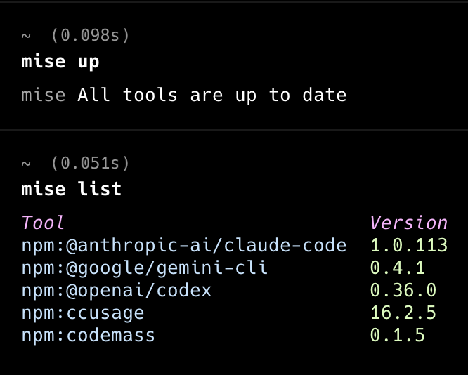 CLIのアップデートは毎日やるものなので、 mise up だけで全部を一括で