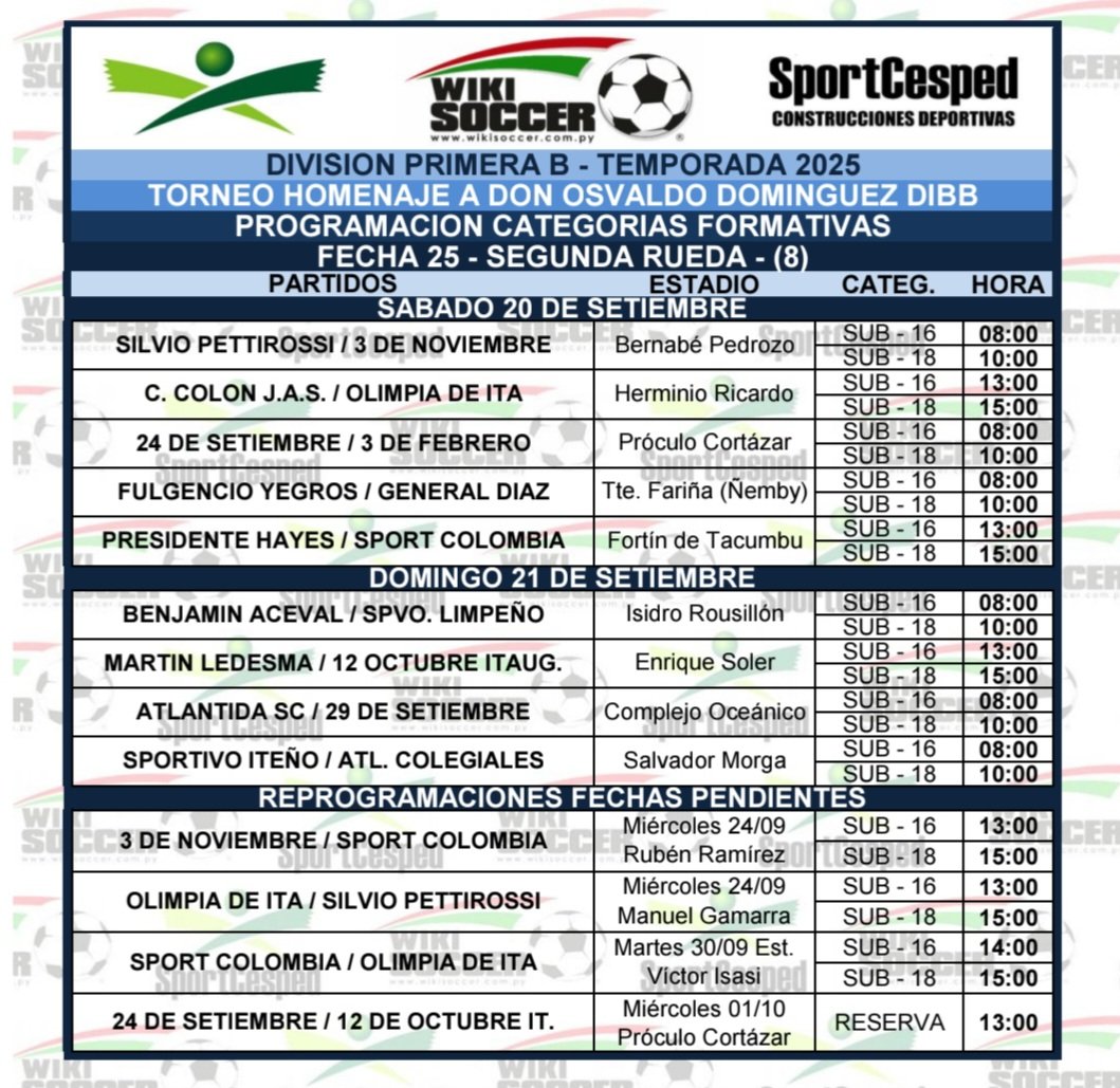⚽ PRIMERA B ⚽
🔥 FECHA 25 🔥
⚠️ PROGRAMACION ⚠️
❗ FORMATIVAS Y PENDIENTES❗