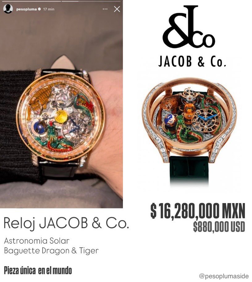 Peso Pluma adquirió el Reloj Jacob &amp; Co. Astronomia Solar Baguette Dragon &amp; Tiger Valorado aproximado: 16,280,000 MXN / 880,000 USD
Única pieza en el mundo, con diamantes baguette y tourbillon volante