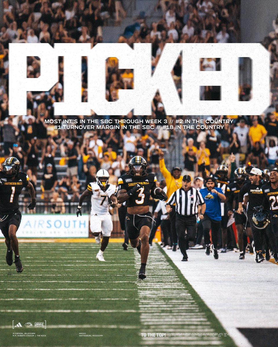 Southern Miss Football (@southernmissfb) on Twitter photo feeling nasty 🔒🙅♂️🚫
🟡 lead the Sun Belt in INTs and #2 in FBS
🟡 best turnover margin in the SBC and #18 in the country feeling nasty 🔒🙅♂️🚫
🟡 lead the Sun Belt in INTs and #2 in FBS
🟡 best turnover margin in the SBC and #18 in the country