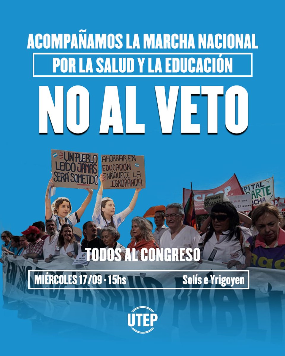 Este miércoles a las 15hs, todos al Congreso contra los vetos de Milei a la salud y la educación.

En la calle defendemos los intereses del pueblo. Que los Diputados no se den vuelta y refrenden las leyes que ya habían aprobado.