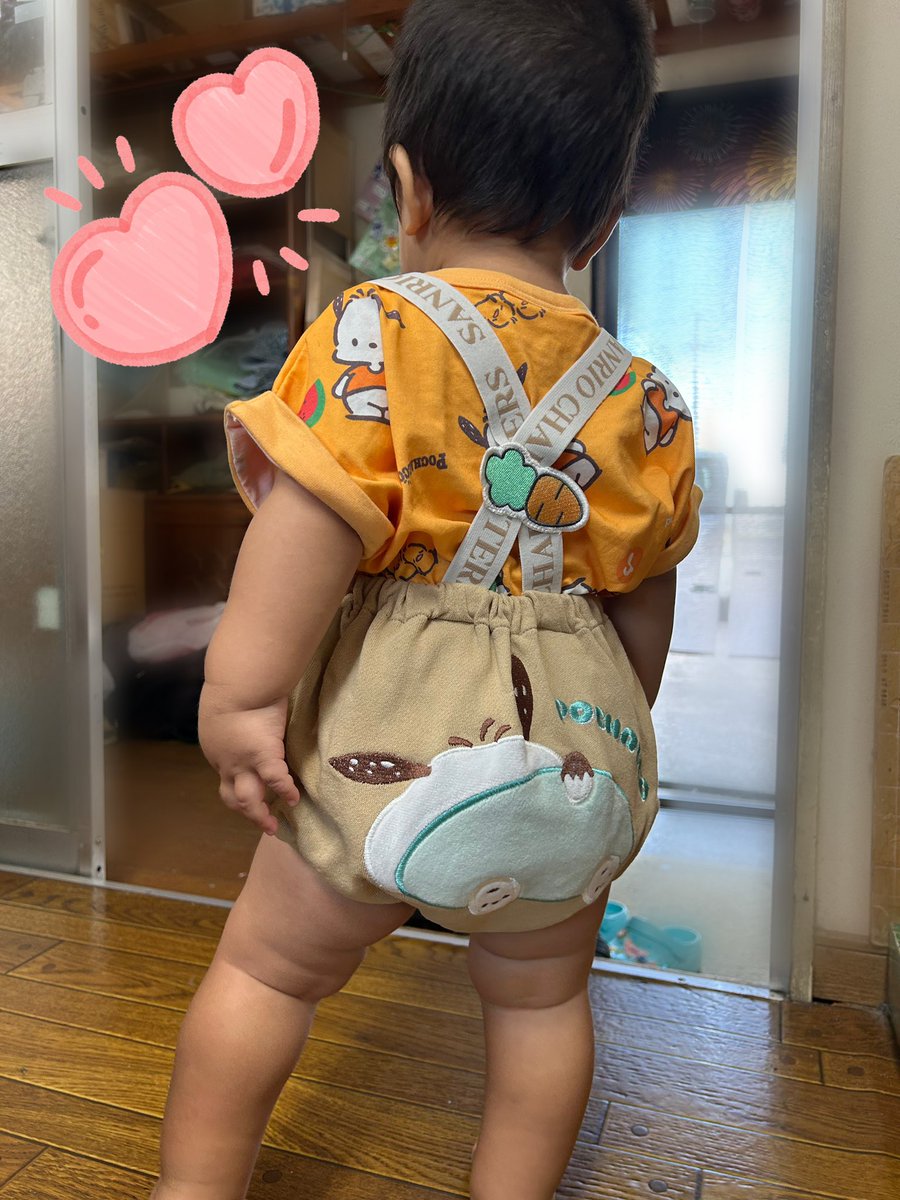 nk01_ft06's tweet photo. 昨日バースデイで予約していたサスペンダー付きのブルマ受け取りしてきた！！
ポチャッコとポムポムプリン買って今日早速ポチャッコ着させてみた✌️かわいい☺️💓 https://t.co/0to6vbOJk6
