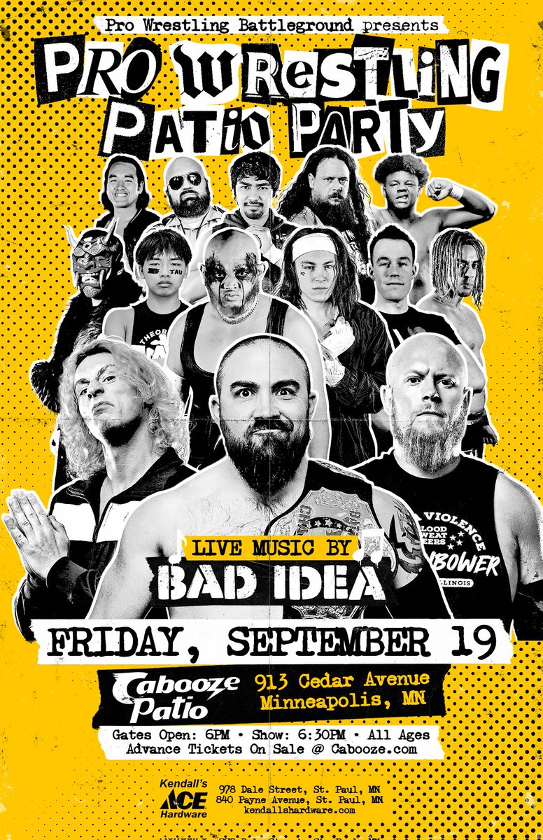 🚨THIS FRIDAY 🚨
PRO WRESTLING PATIO PARTY 
The Cabooze Patio 
Live Music By BAD IDEA 
6:30 PM 
🎟️cabooze.com