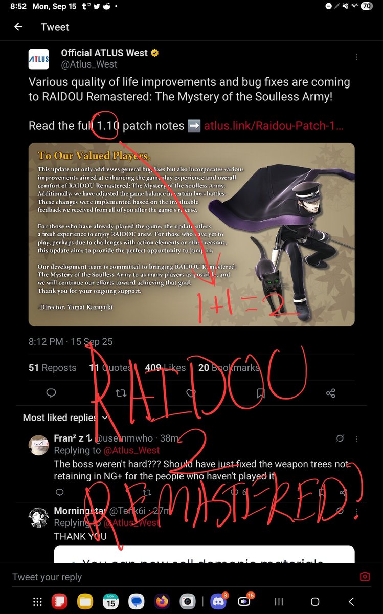 larrancitaber's tweet photo. 1+1=2... RAIDOU 2 REMASTERED IS COMING SOON!!! 👀 https://t.co/OAZXA5E91v