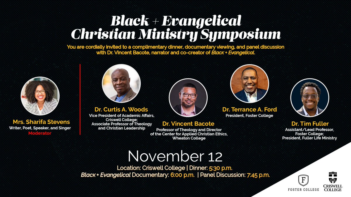 Free dinner + documentary night!
Join Criswell College &amp; Foster College on Wednesday, November 12, for a screening of Black + Evangelical.
Dinner: 5:30 PM
Film: 6:00 PM
Panel with film narrator + leaders to follow. 

Free with registration: eventbrite.com/e/black-evange…