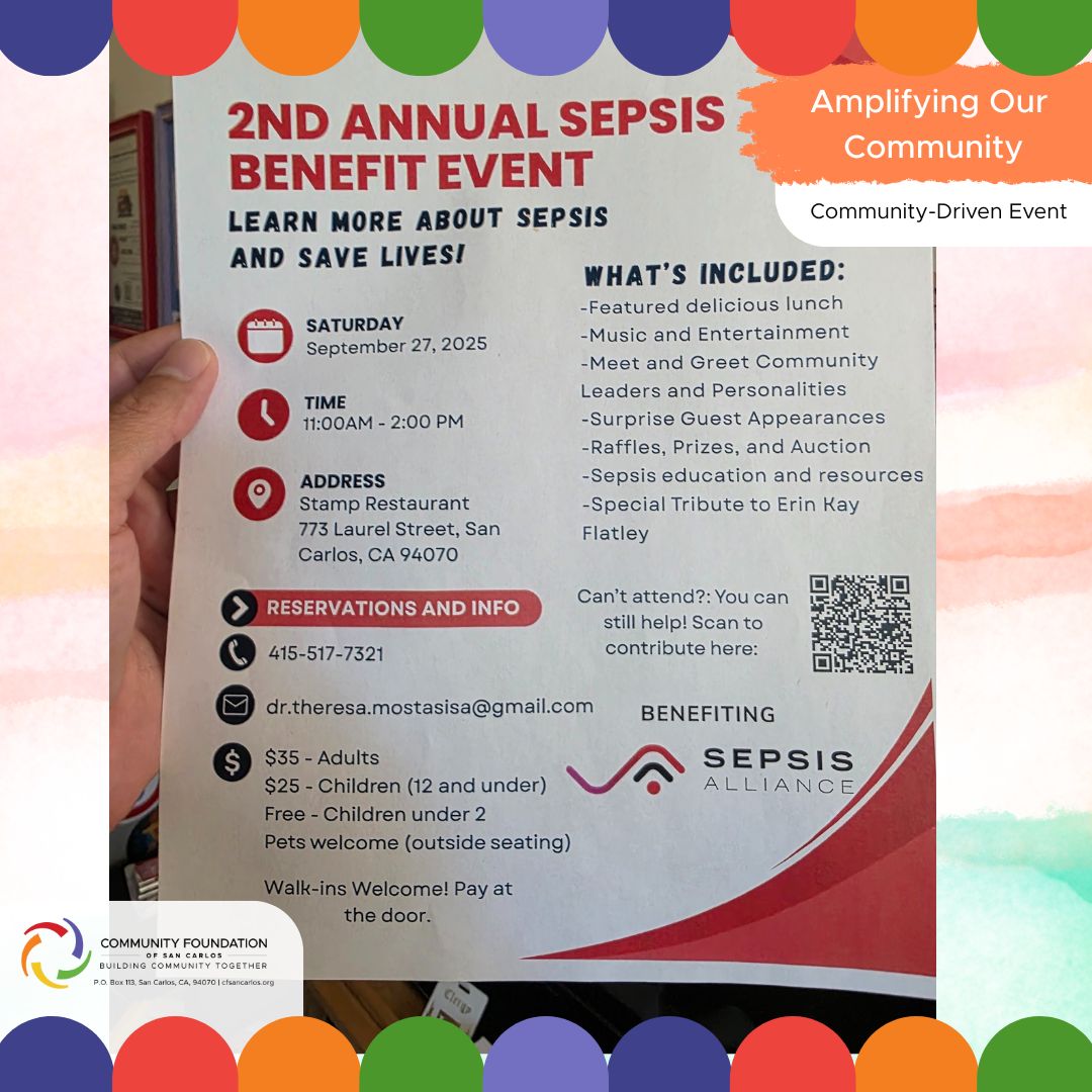 CFSanCarlos's tweet photo. A San Carlos neighbor is hosting a fundraiser 💜 Sept 27, 11–2 at STAMP (773 Laurel St) to support Sepsis Alliance. Lunch, music, raffles, auctions, &amp; community leaders. $35 adults, $25 kids, under 2 free. Pets welcome outside!

#SanCarlos #SepsisAwareness #BayAreaEvents https://t.co/FPwCnAvxqG