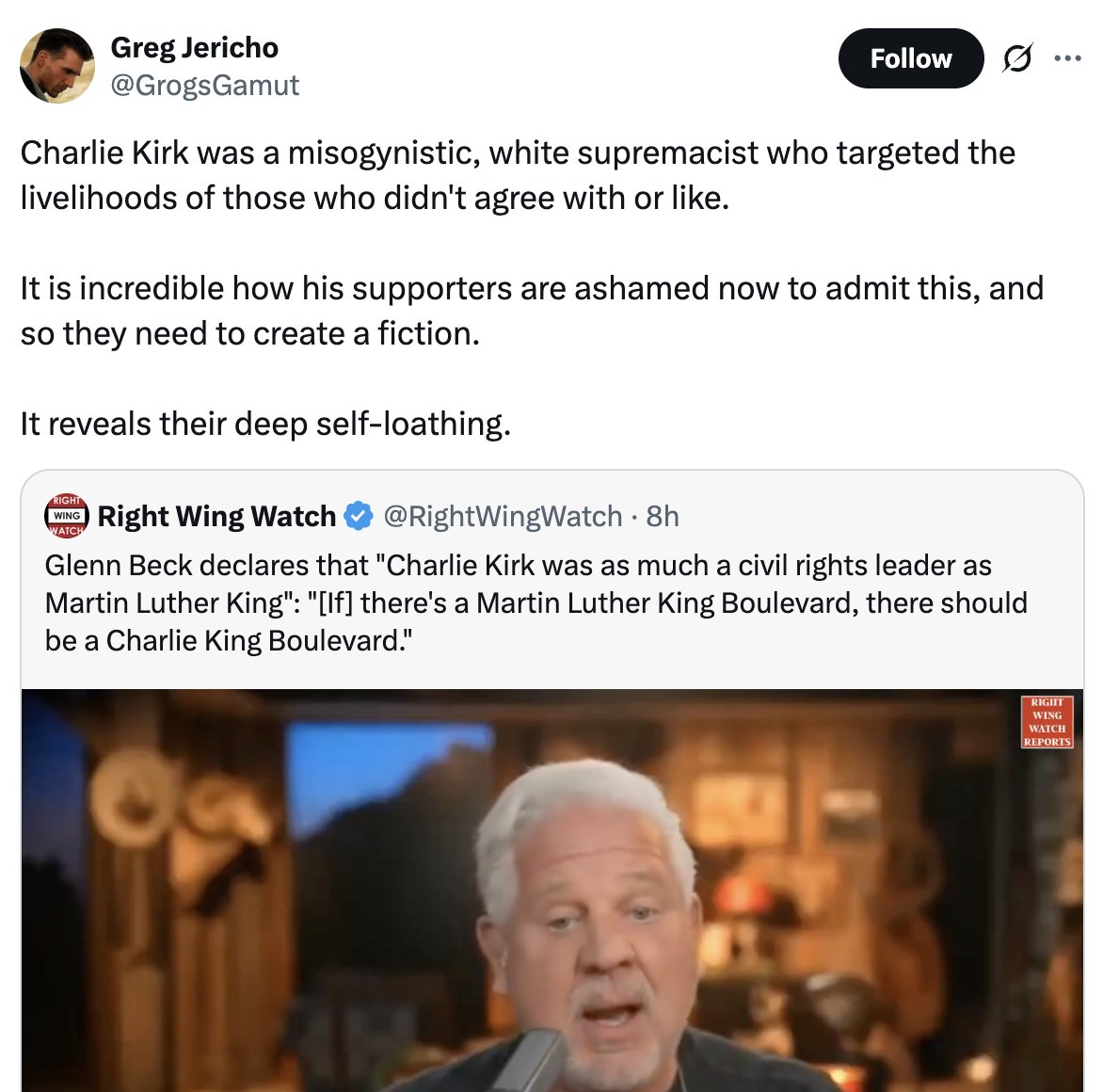 Dr Greg Jericho is the Chief Economist at the Australia Institute - Australia's leading progressive think tank. 

Here he is justifying and celebrating Charlie Kirk's murder.