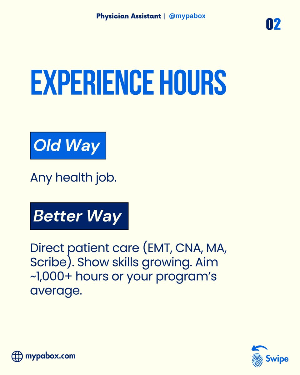 myPAbox's tweet photo. Old advice vs. new results for Pre-PAs: stop chasing random hours and huge school lists. Focus your PCE/shadowing, track your impact, sharpen your “Why PA,” and apply to programs that fit you. Get 15% off myPAbox with code Prepa15.

#PrePA #FuturePA #PASchool #PAAdmissions #CASPA https://t.co/11xtBJ5KeI