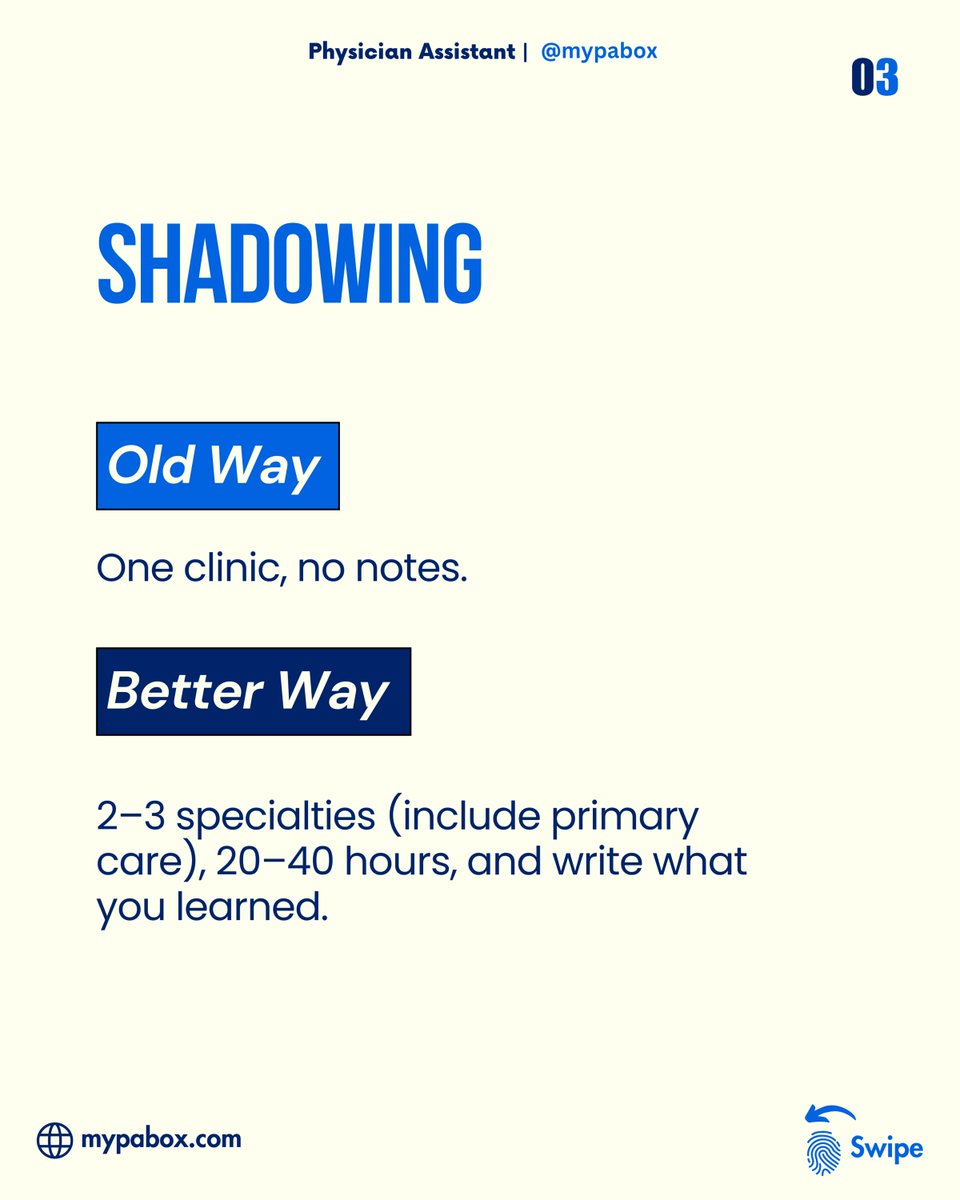 myPAbox's tweet photo. Old advice vs. new results for Pre-PAs: stop chasing random hours and huge school lists. Focus your PCE/shadowing, track your impact, sharpen your “Why PA,” and apply to programs that fit you. Get 15% off myPAbox with code Prepa15.

#PrePA #FuturePA #PASchool #PAAdmissions #CASPA https://t.co/11xtBJ5KeI