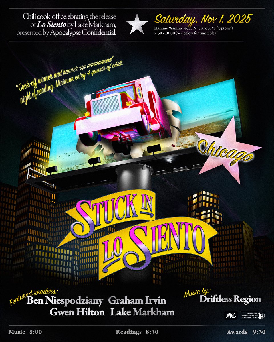 well folks, it’s my pleasure to announce that the Stuck in Lo Siento tour begins very soon, culminating in a stellar bill for the chicago Chili Cook-Off on 11/1 🥘🔥🌶️

featured readers:
<a href="/neonpajamas/">Ben Niespodziany ☁️🐋</a>
<a href="/gwenergyreigns/">Gwekalog</a>
<a href="/grahamjirvin/">graham irvin</a>

art by <a href="/rvoy__/">Robert</a> 
event by <a href="/APCON_MAG/">APOCALYPSE CONFIDENTIAL</a>