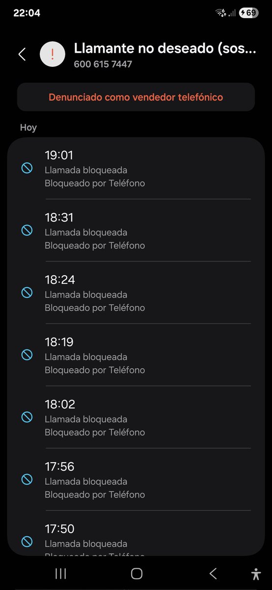 Tengo 15 llamadas no deseadas, menos mal que desde el mismo celular me permitió bloquear automáticamente. #spam