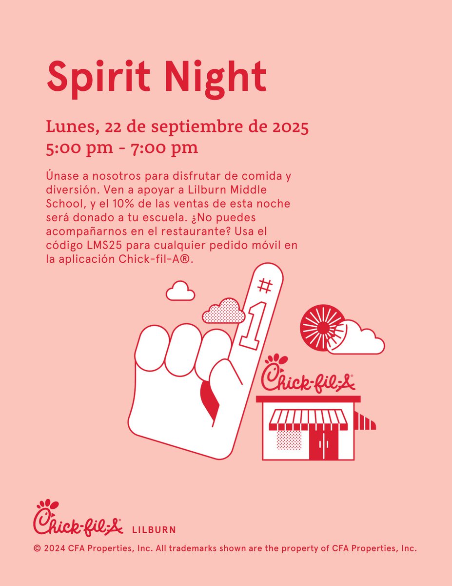 Lilburn Middle (@lilburnmiddle) on Twitter photo ๐โจ PTSA Chick-fil-A Spirit Night is Mon, Sep 22, 5โ7 pm <a href="/CFA_Lilburn/">Chick-fil-A Lilburn</a> ! 10% of sales go to LMS ๐ Stop by & say hi to school + PTSA reps. Use code LMS25 for mobile orders. ๐ #LilburnMiddle #SpiritNight
@ ๐โจ PTSA Chick-fil-A Spirit Night is Mon, Sep 22, 5โ7 pm <a href="/CFA_Lilburn/">Chick-fil-A Lilburn</a> ! 10% of sales go to LMS ๐ Stop by & say hi to school + PTSA reps. Use code LMS25 for mobile orders. ๐ #LilburnMiddle #SpiritNight
@