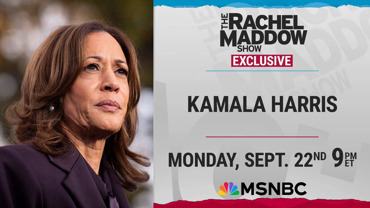 Jesse Rodriguez (@jesserodriguez) on Twitter photo Next Monday at 9pmET on <a href="/MSNBC/">MSNBC</a>:
<a href="/maddow/">Rachel Maddow MSNBC</a> sits down live with <a href="/KamalaHarris/">Kamala Harris</a> for her first news interview Next Monday at 9pmET on <a href="/MSNBC/">MSNBC</a>:
<a href="/maddow/">Rachel Maddow MSNBC</a> sits down live with <a href="/KamalaHarris/">Kamala Harris</a> for her first news interview