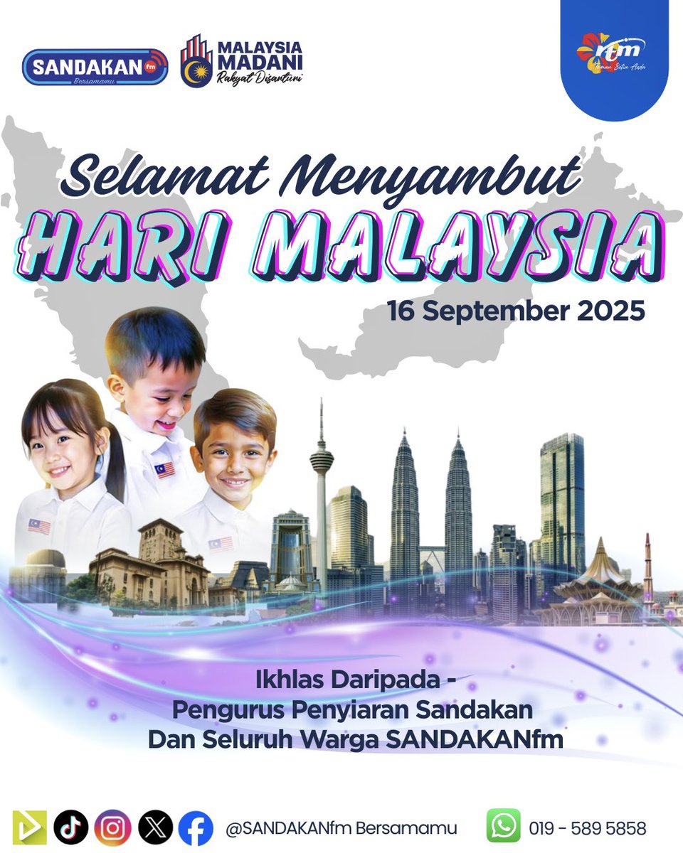 Selamat Menyambut Hari Malaysia 2025

Malaysia MADANI : Rakyat Disantuni

Ikhlas Daripada :
Pengurus Penyiaran Sandakan
 &amp; Seluruh Warga SANDAKANfm

#hkhm2025 
#harimalaysia2025 
#malaysiamadanirakyatdisantuni 
#rtmtemansetiaanda
#rtmsabah #sandakanfm