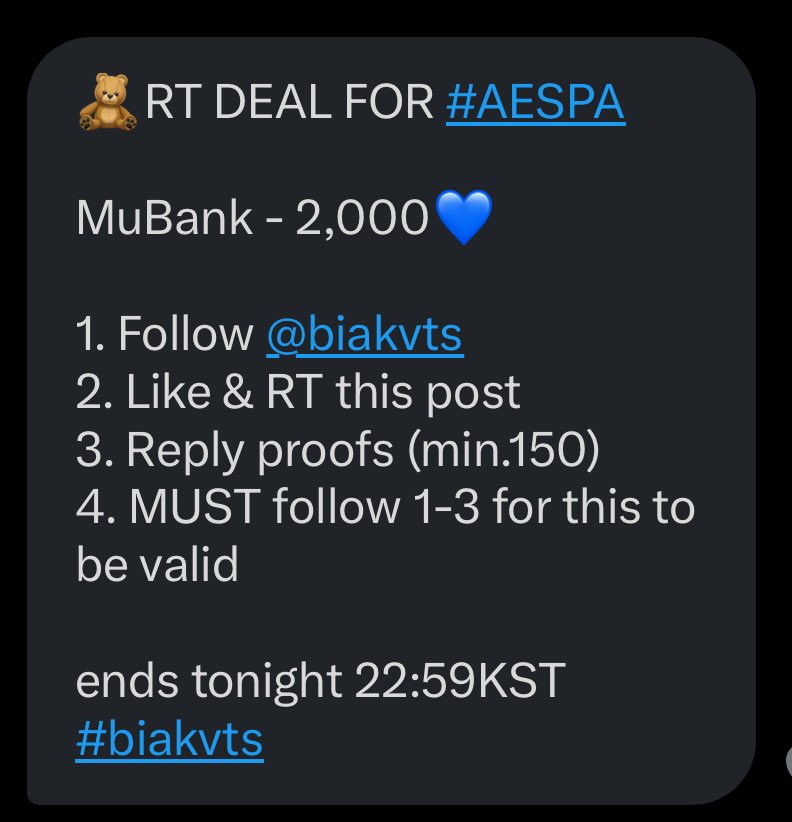ยูจีเมี๊ยว (@jr_dontwakemeup) on Twitter photo 🧸RT DEAL FOR #AESPA
MuBank - 2,000💙
1. Follow <a href="/biakvts/">bia for kρoρ vts 🧸</a>
2. Like & RT this post
3. Reply proofs (min.150)
4. MUST follow 1-3 for this to be valid
ends tonight 22:59KST #biakvts 🧸RT DEAL FOR #AESPA
MuBank - 2,000💙
1. Follow <a href="/biakvts/">bia for kρoρ vts 🧸</a>
2. Like & RT this post
3. Reply proofs (min.150)
4. MUST follow 1-3 for this to be valid
ends tonight 22:59KST #biakvts