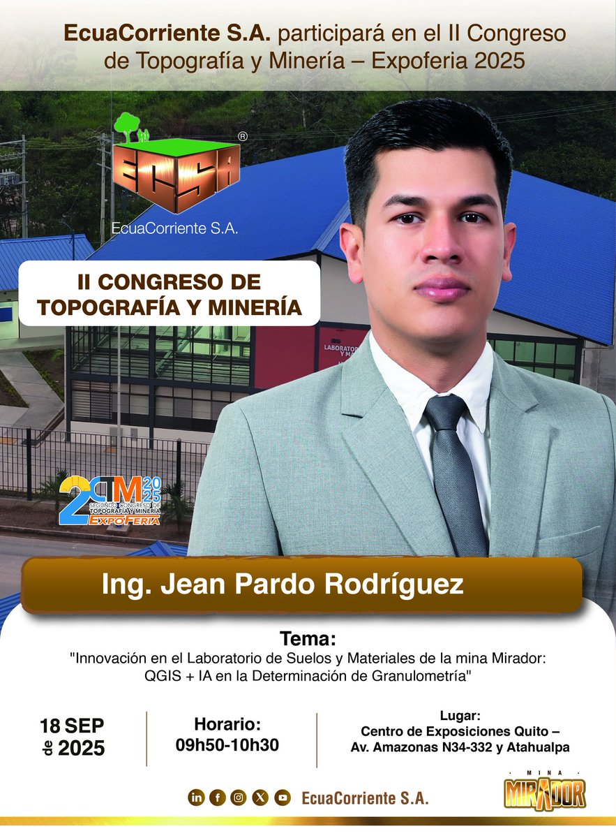 #MiradorEnLaAcademia | ¡Todos invitados a II Congreso de Topografía y Minería 2025!

No se pierdan la conferencia a cargo de Jean Pardo Rodríguez, Coordinador en el Departamento de Gestión de Depósitos de Relaves de #ECSA.

#MinaMirador #MineríaConResponsabilidad 👷🏻‍♀️👷🏻‍♂️