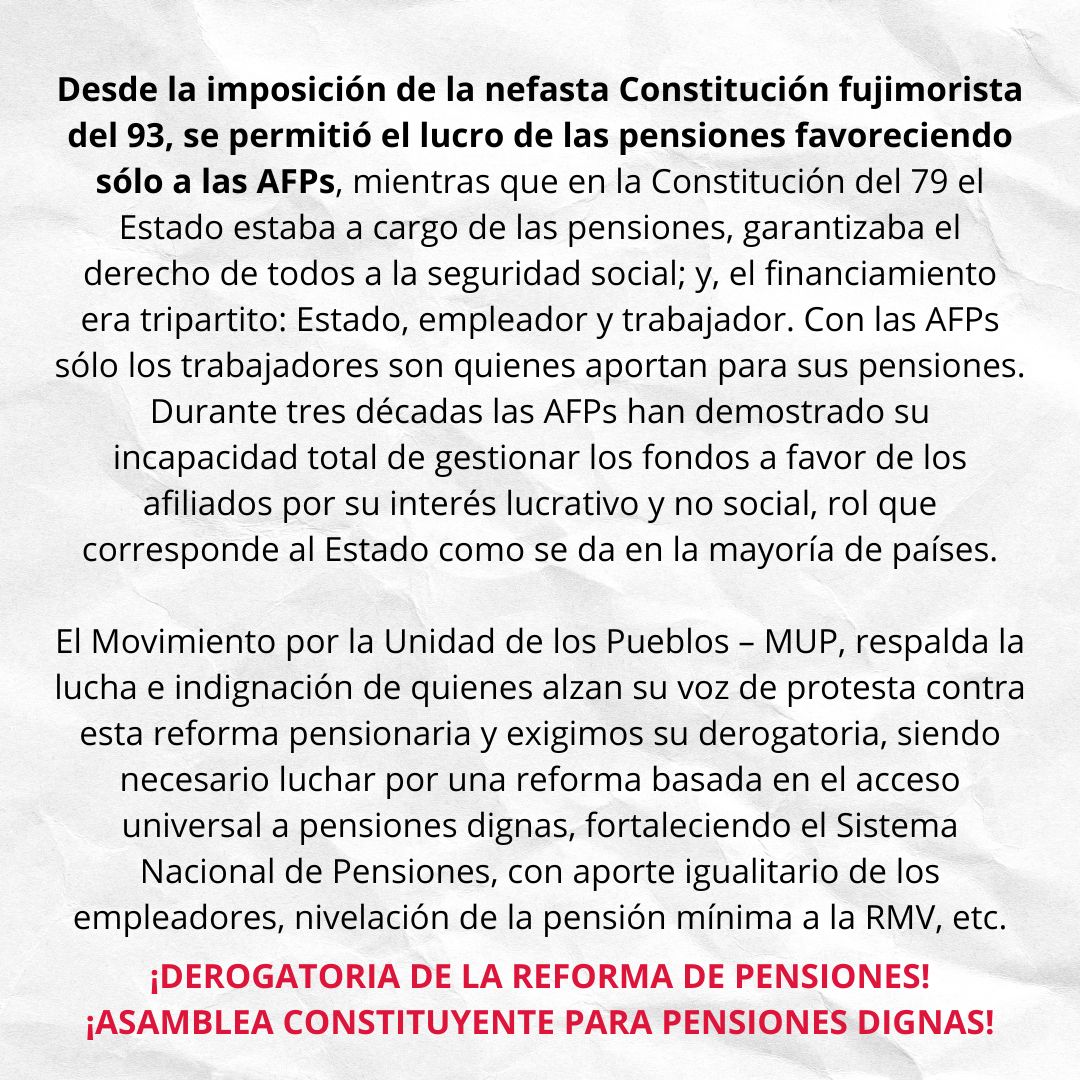 #Pronunciamiento || RECHAZAMOS USO DE LAS PENSIONES COMO NEGOCIO DE LAS AFPs Y DE LOS BANCOS, DEROGATORIA DE LA LEY DE REFORMA DE LAS PENSIONES, LEY N° 32123