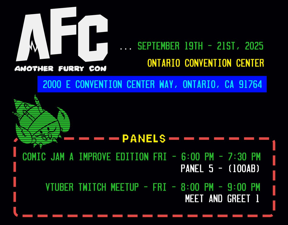 Coming up this month at the 19th, We're gonna be at <a href="/AnotherFurryCon/">Another Furry Con | Sept 19-21, 2025</a>  in Ontario California! We are also doing two panels both on the same day! If you are going to AFC Stop by our booth at the Dealer Den over at D5!