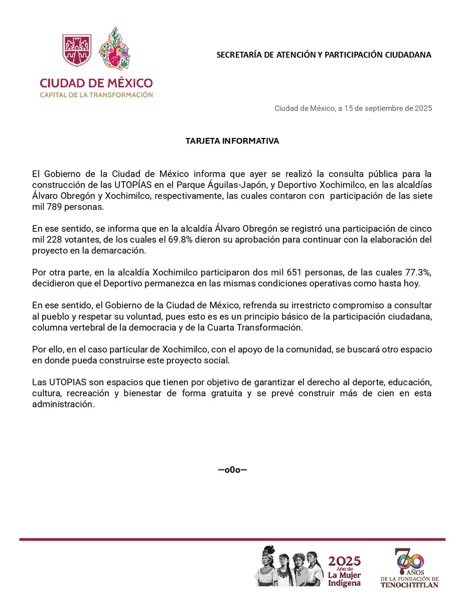 Gobierno Central informa que respetará el deseo de la ciudadanía que acudió a emitir su opinión. En Xochimilco se buscará otro espacio donde se pueda llevar a cabo ese proyecto social.