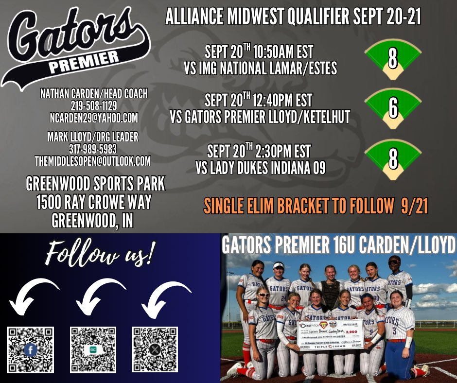🚨TOURNAMENT ALERT🚨

Gators Premier 16U Carden/Lloyd will be competing in the Alliance Midwest Qualifier 🥎 Come check us out!!! <a href="/HBCUSoftball/">HBCU Softball</a> <a href="/MSPtakeover/">Minority Softball Prospects</a> <a href="/SUsoftball_/">Southern University Softball</a> <a href="/NIUSoftball/">NIU Softball</a> <a href="/FAMU_Softball/">Florida A&M Softball 🥎</a> <a href="/GatorsPremier09/">Gators Premier 16U Carden</a>