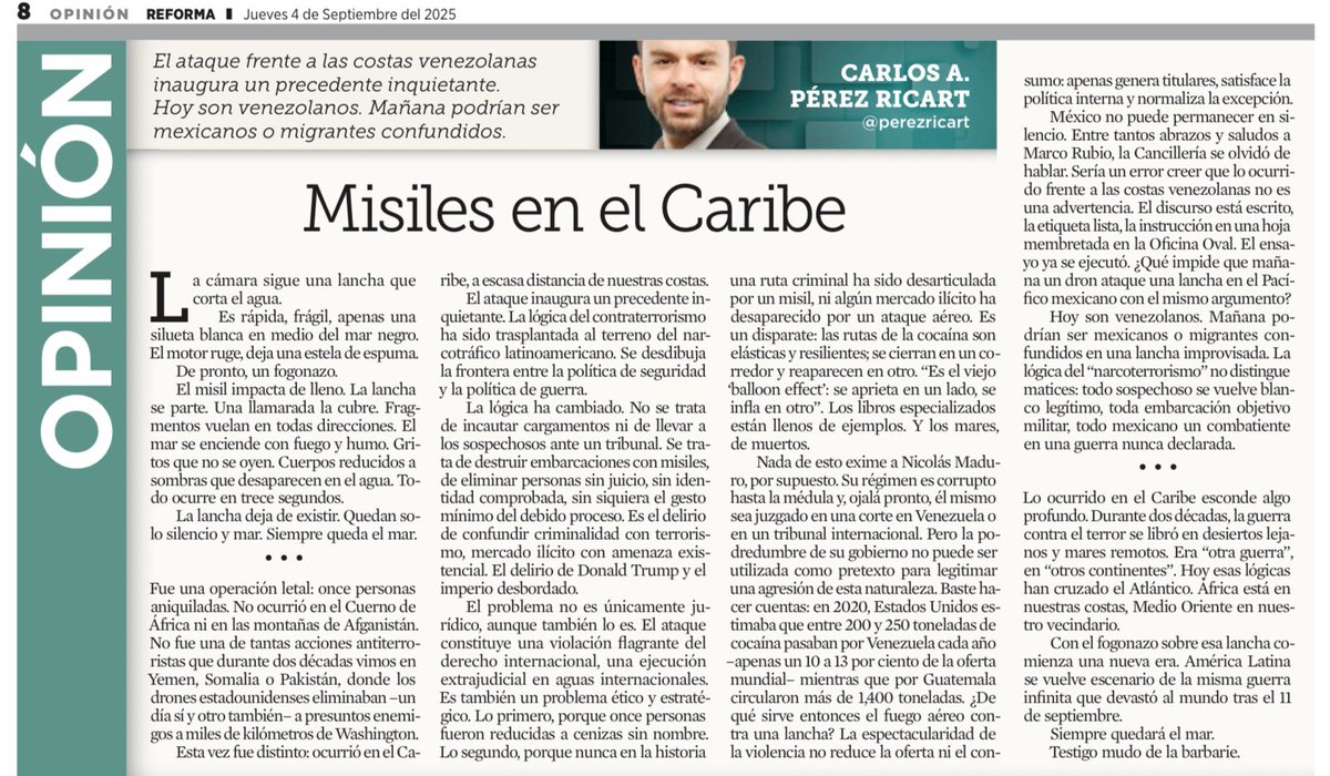 Trump volvió a bombardear una lancha venezolana en alta mar. 

Del tema —y sus consecuencias— escribí hace un par de semanas: