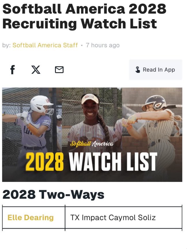 Thank you <a href="/SoftbalAmerica/">Softball America</a> for recognizing my hard work and putting me on the 2028 watch list!! 👀
Can’t wait to see where the off season takes me!💪
<a href="/ICNationalSoliz/">IC Soliz</a> <a href="/BNHS_Softball/">Byron Nelson Softball</a> <a href="/TOP_D1RECRUITS/">Softball Top Preps Retweet</a> <a href="/SoftballRecruit/">Softball Recruit 🥎</a> <a href="/MSPtakeover/">Minority Softball Prospects</a> <a href="/TopPreps/">TOP PREPS @TopPreps | X | Sports News & Recruiting</a> <a href="/softball_iq/">Softball IQ</a>