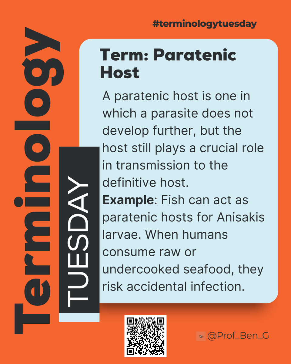 Prof_Ben_G's tweet image. Terminology Tuesday

Paratenic host a host where parasites survive but don’t develop, acting as a “bridge” to the definitive host.

Example: Fish can carry Anisakis larvae, which infect humans if eaten raw/undercooked.

#ParasiteWatch #TerminologyTuesday #Parasitology