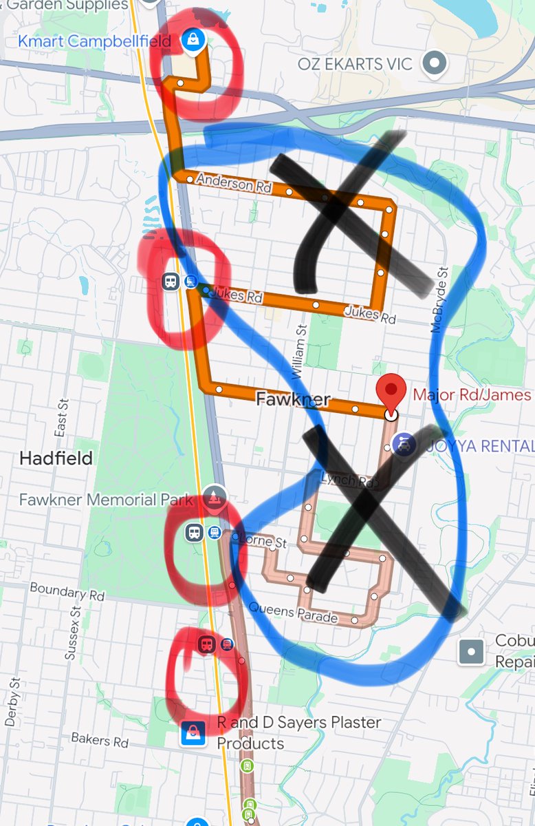 Llib7's tweet photo. Now here is a route I donβt like π. I can see what itβs trying to do but itβs doing it very badly . Although IMO it has a lot of potential and think could be improved with minimal resources while maintaining 99% of coverage. @MelbOnTransit https://t.co/s7T1YWl2Vt