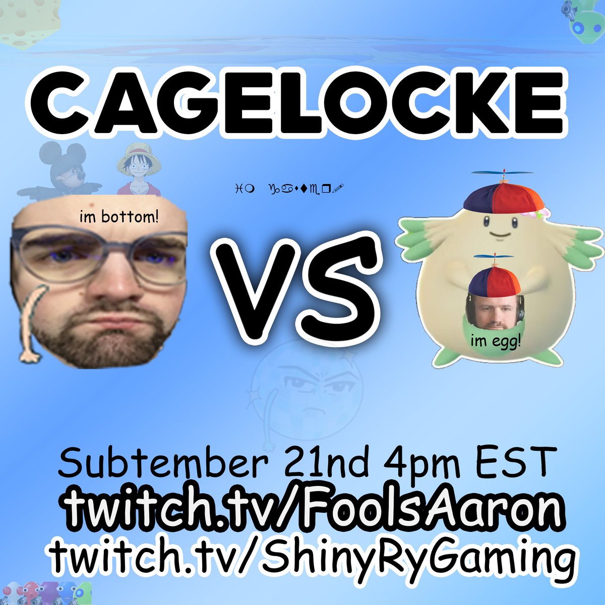THIS SUNDAY at 4pm EST! Aaron and I will begin our first-ever CAGELOCKE in a Pokémon Platinum Randomizer ‼️

- 1v1 cage match after every gym leader
- standard hardcore nuzlocke rules
- random encounters, abilities, &amp; TMs

- Doubles 6v6 FINAL CAGE MATCH after Cynthia

Be there.
