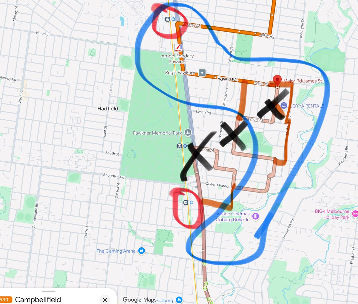 Llib7's tweet photo. Again @MelbOnTransit might have a better idea than me but Iβm sure this can be rerouted while retaining the vast bulk of coverage for which is the purpose of the route. Maybe ditch the Fawkner connection as it already connects to Merlynston. π€·π½ββοΈ #patmelbourne #busreform https://t.co/RydgfzfgHd