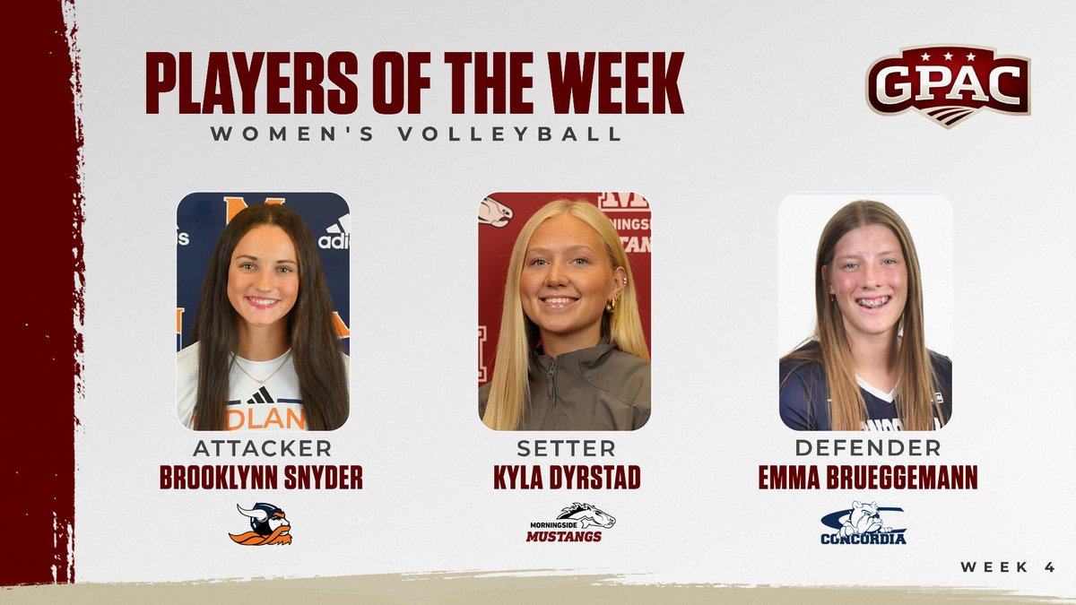 WOMEN'S VOLLEYBALL: Week 4 Honors - 
(ATTACKER) Brooklynn Snyder of <a href="/Midland_Sports/">Midland Warriors</a> 
(SETTER) Kyla Dyrstad of <a href="/MsideMustangs/">Morningside Mustangs 🐴</a> 
(DEFENDER) Emma Brueggemann of <a href="/cunebulldogs/">Concordia Bulldogs</a> 

COMPLETE RELEASE:
 tinyurl.com/gpacwvb4