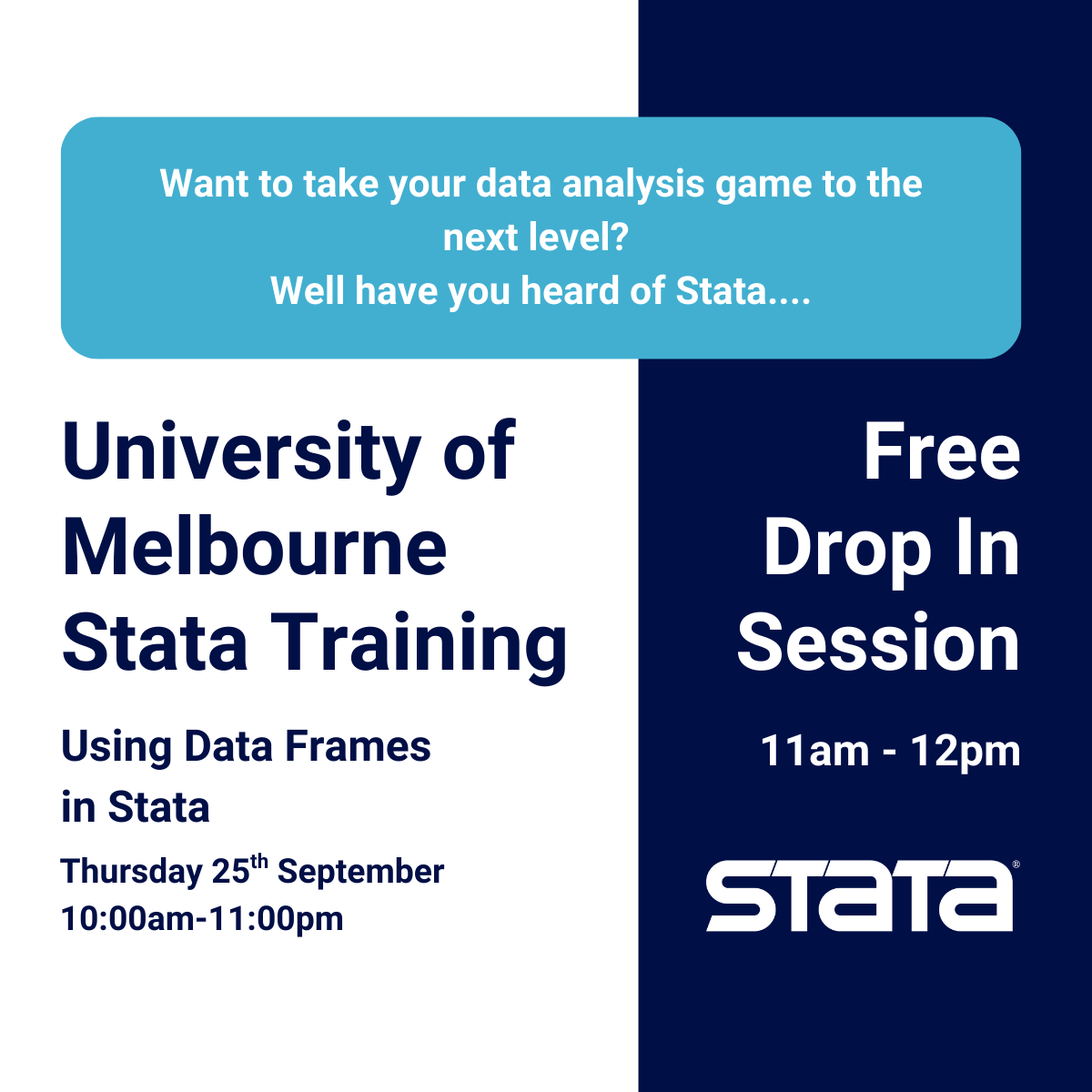 We are excited to hold a free Stata training and drop in session at <a href="/UniMelb/">University of Melbourne</a> on 25 September. If you have any burning questions or would like some one-on-one support come find us in the same room just after the training. Register at surveydesign.com.au/class.html