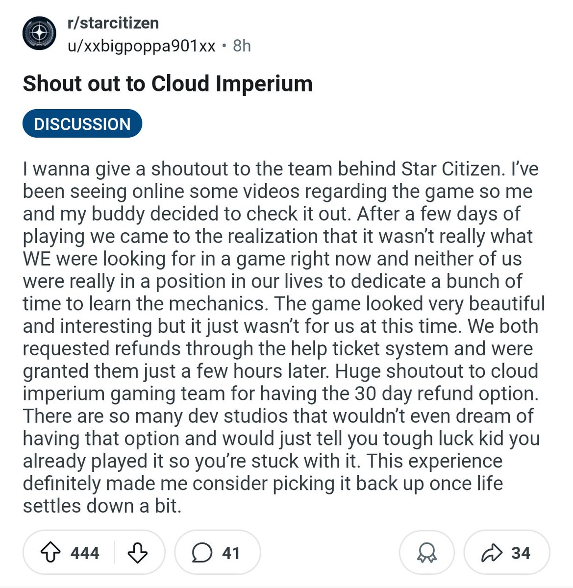 This post on r/starcitizen is the healthiest thing.

Not every game is for everyone, and Star Citizen at the moment is DEFINITELY not for most. Both parties being able to agree on that is actually pretty nice.

That 2 hour limit does get me sometimes 👀