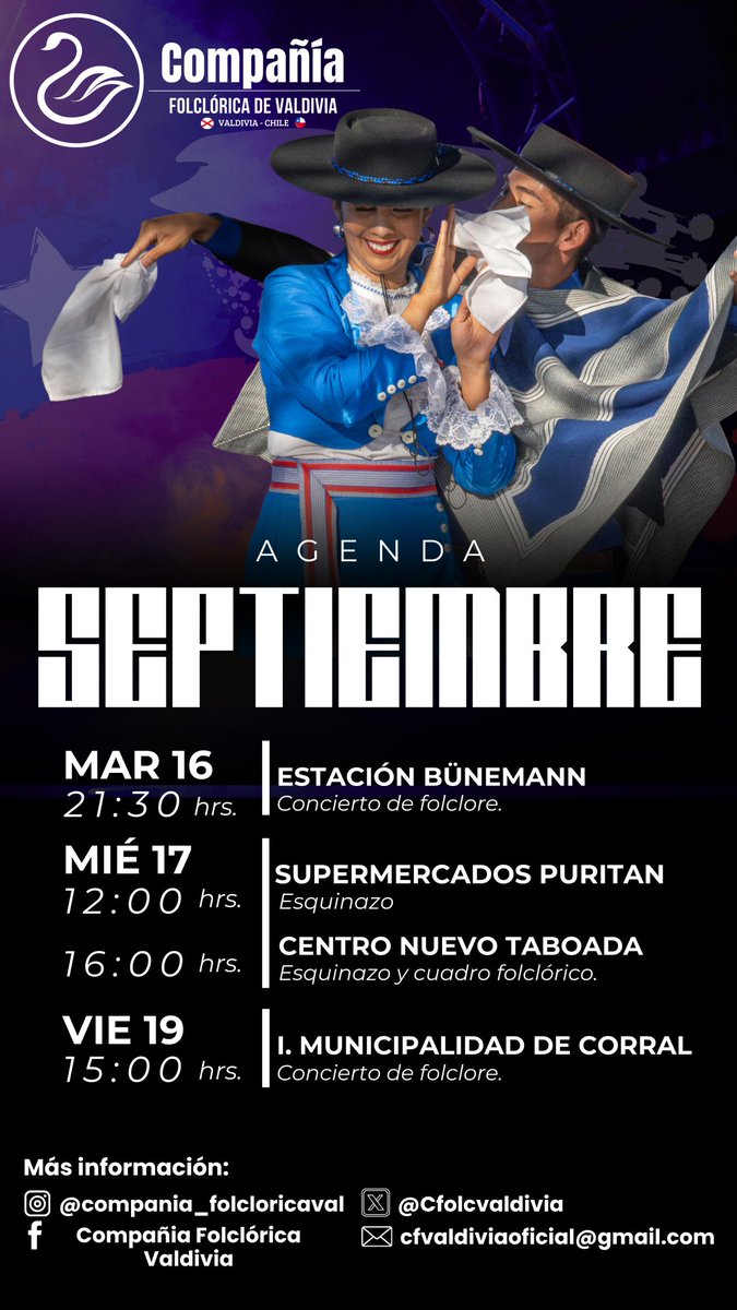 Nos vemos esta semana #Valdiviacl 

Ven a presenciar a nuestra compañía Folclórica de Valdivia!!!! Músicos🎶🪗🥁🪈 y Bailarines 💃🕺

<a href="/munivaldivia/">MuniValdivia</a> <a href="/ccmvaldivia/">CCM-Valdivia</a> <a href="/GOREdeLosRios/">Gobierno Regional de Los Ríos</a> <a href="/corelosrios/">CoreLosRíos</a> <a href="/UAustraldeChile/">Universidad Austral de Chile</a> <a href="/USanSebastian/">Universidad San Sebastián</a> <a href="/DiarioValdivia/">ValdiviaNoticias</a> <a href="/depvaldivia/">Deportes Valdivia</a> <a href="/CS_losrios/">CS Región de Los Ríos</a> <a href="/LosRiosAlDiaCL/">#DiarioLosRiosAlDia</a>
