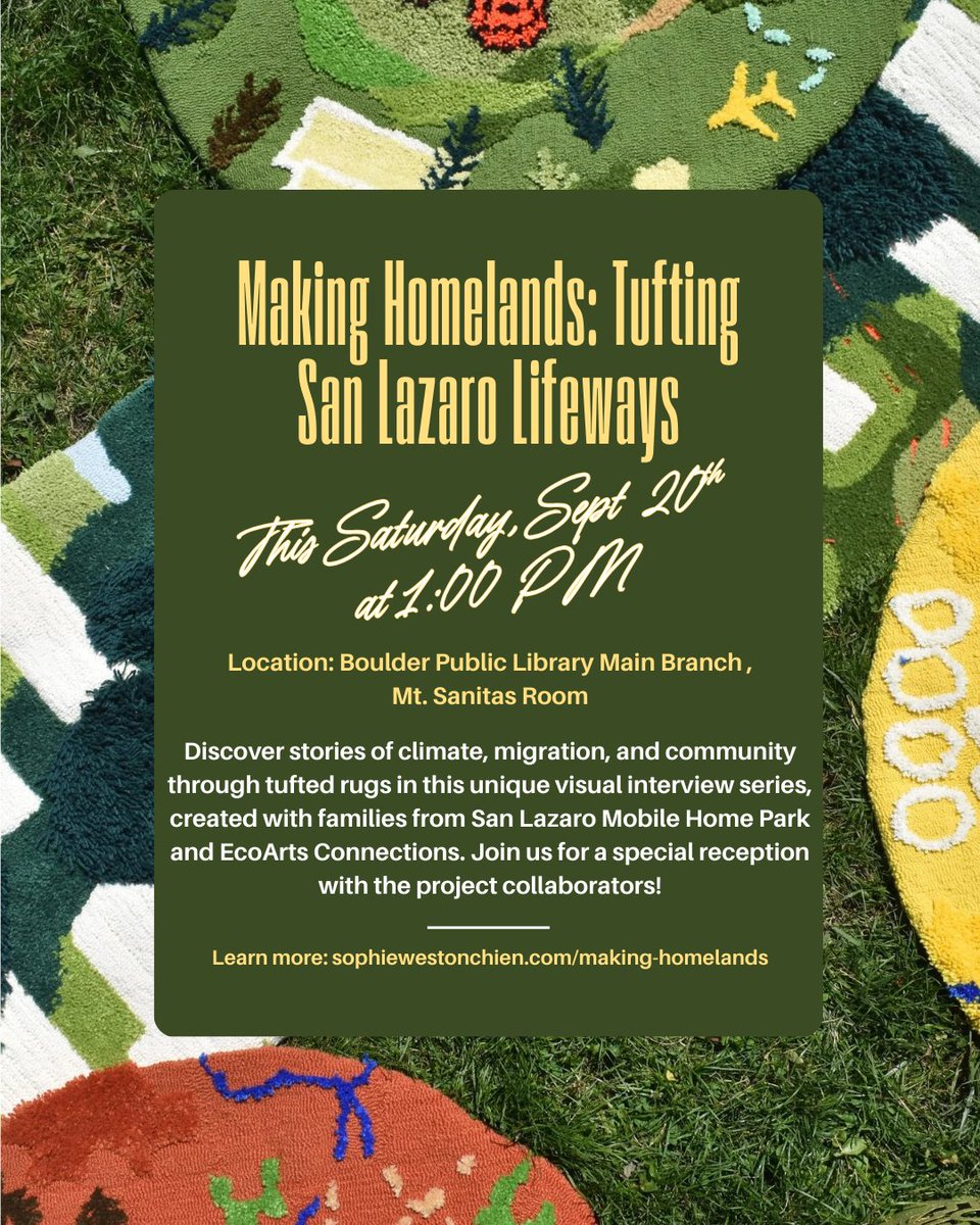 Making Homelands: Tufting San Lazaro Lifeways
This project weaves together narratives, oral histories, and ecological research into Colorado-specific communication devices.

Learn more: sophiewestonchien.com/making-homelan…

#CommunityArt #ClimateStories #TextileArt